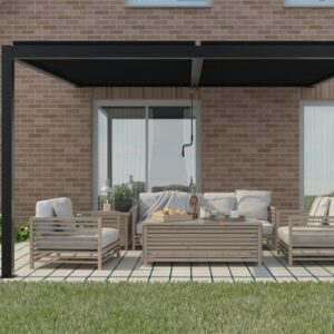 Modern black pergola kits over outdoor seating area with timber furniture against brick house wall