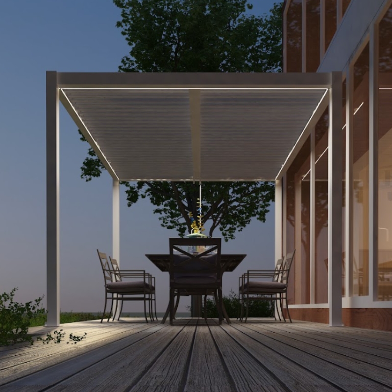 Do you need council approval for a pergola: modern white patio pergola with slatted roof, LED lighting, outdoor dining set.