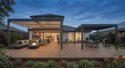 A twilight-view of a modern residential backyard. A wooden deck spans the foreground, featuring a left lounge section with a section sofa, fire pit table, and a contemporary dark-grey aluminum pergola with integrated LED lighting. A central dining area with a table, chairs, and a smaller, unlit pergola sits to the right, adjacent to a gas grill. The house’s illuminated kitchen and living area is visible through large sliding glass doors. The sky is deep blue with soft clouds, and the garden is landscaped with native Australian plants.