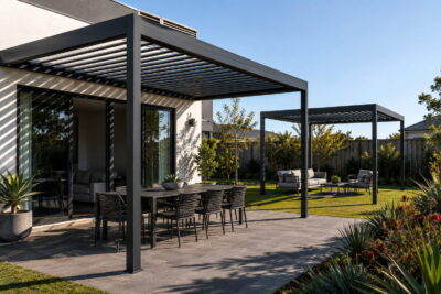 Wall-mounted and freestanding aluminium louvred pergolas in an Australian backyard