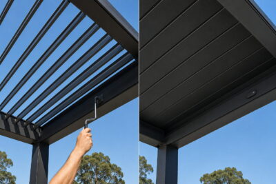 Louvred pergola roof shown open with a manual crank and closed with motorised control