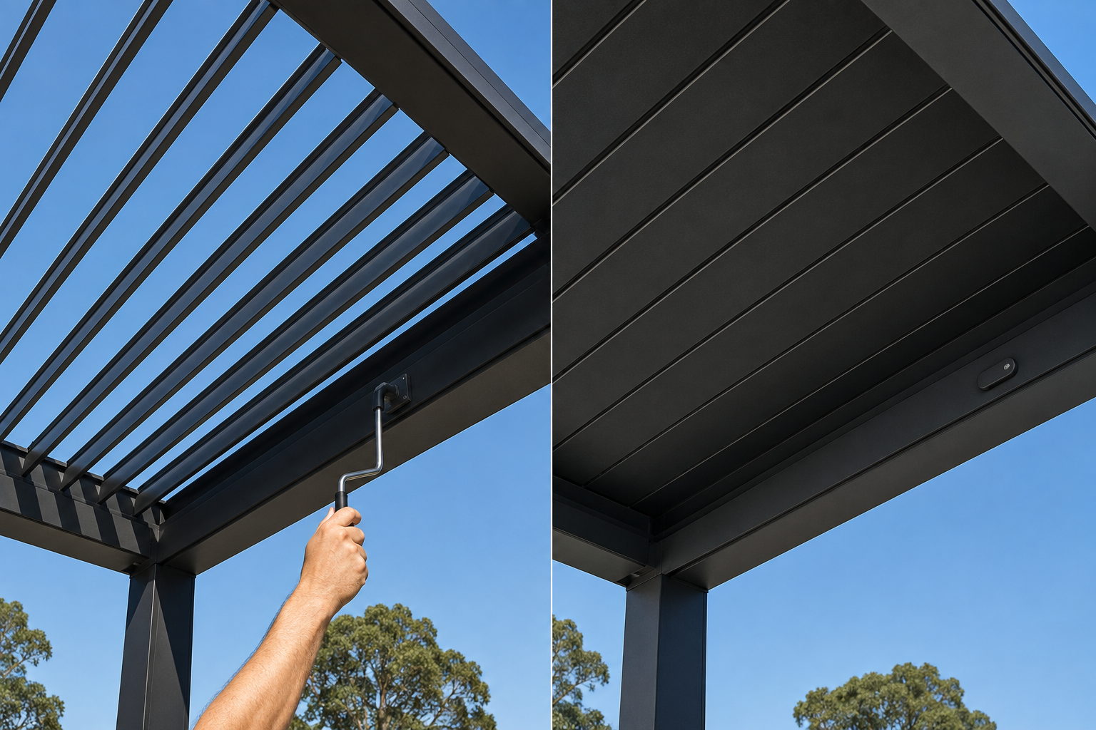 Louvred pergola roof shown open with a manual crank and closed with motorised control