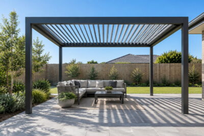 Freestanding aluminium louvred pergola over a paved courtyard in an Australian backyard