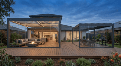 Twilight photo of a modern suburban home's outdoor timber deck, featuring two dark-framed glass-enclosed pergolas. The larger pergola on the left has warm integrated ceiling lighting, louvered roofs, and floor-to-ceiling glass sliding doors enclosing a fully furnished outdoor lounge with a sectional sofa and fire pit. The smaller glass-enclosed pergola on the right houses an outdoor dining area set against a twilight sky and landscaped Australian garden.