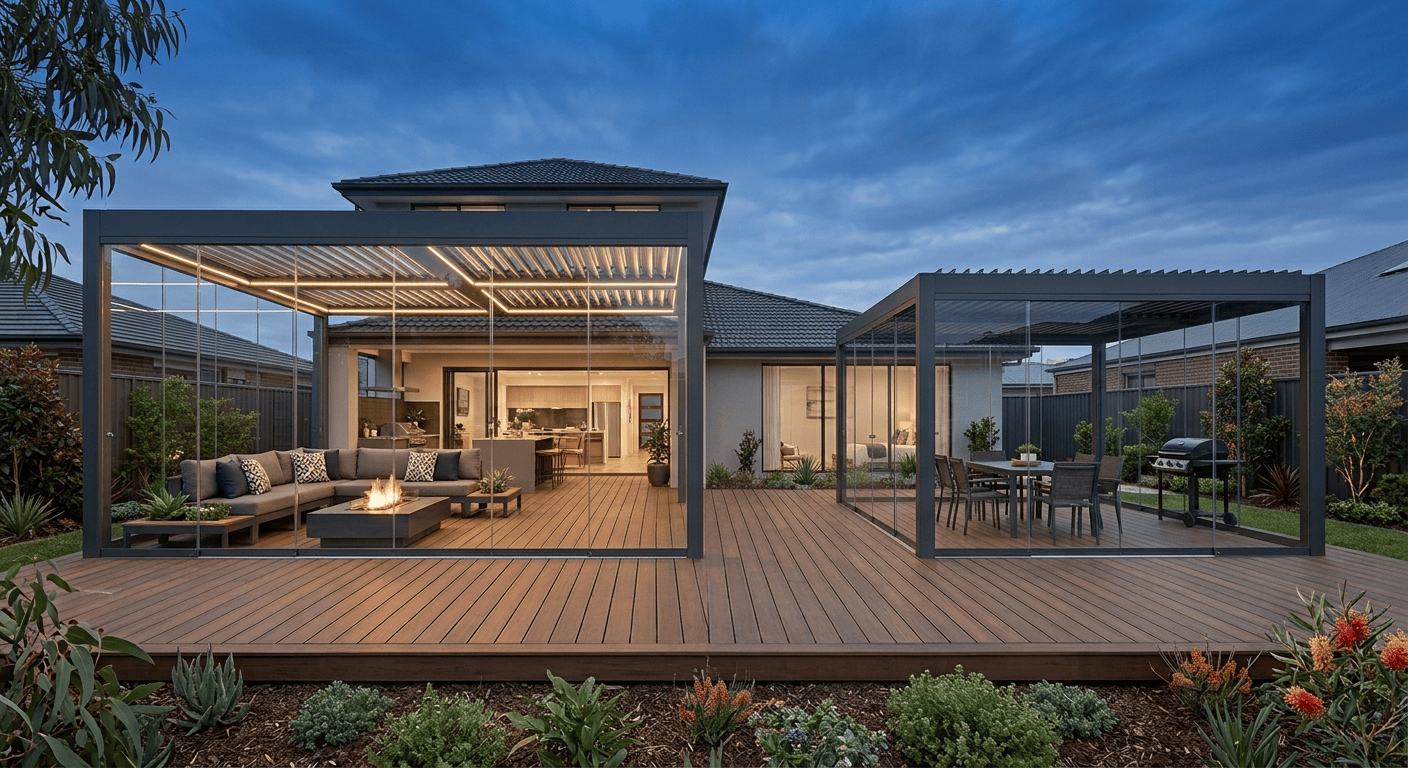 Twilight photo of a modern suburban home's outdoor timber deck, featuring two dark-framed glass-enclosed pergolas. The larger pergola on the left has warm integrated ceiling lighting, louvered roofs, and floor-to-ceiling glass sliding doors enclosing a fully furnished outdoor lounge with a sectional sofa and fire pit. The smaller glass-enclosed pergola on the right houses an outdoor dining area set against a twilight sky and landscaped Australian garden.