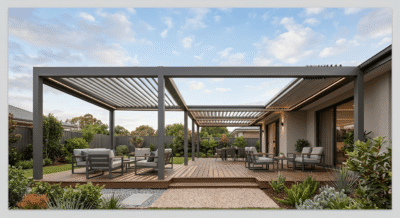 A modern, dark-framed louvered pergola with integrated lighting, extending from a residential home over a large composite wood deck with multiple seating and dining areas, overlooking a landscaped backyard at dusk.