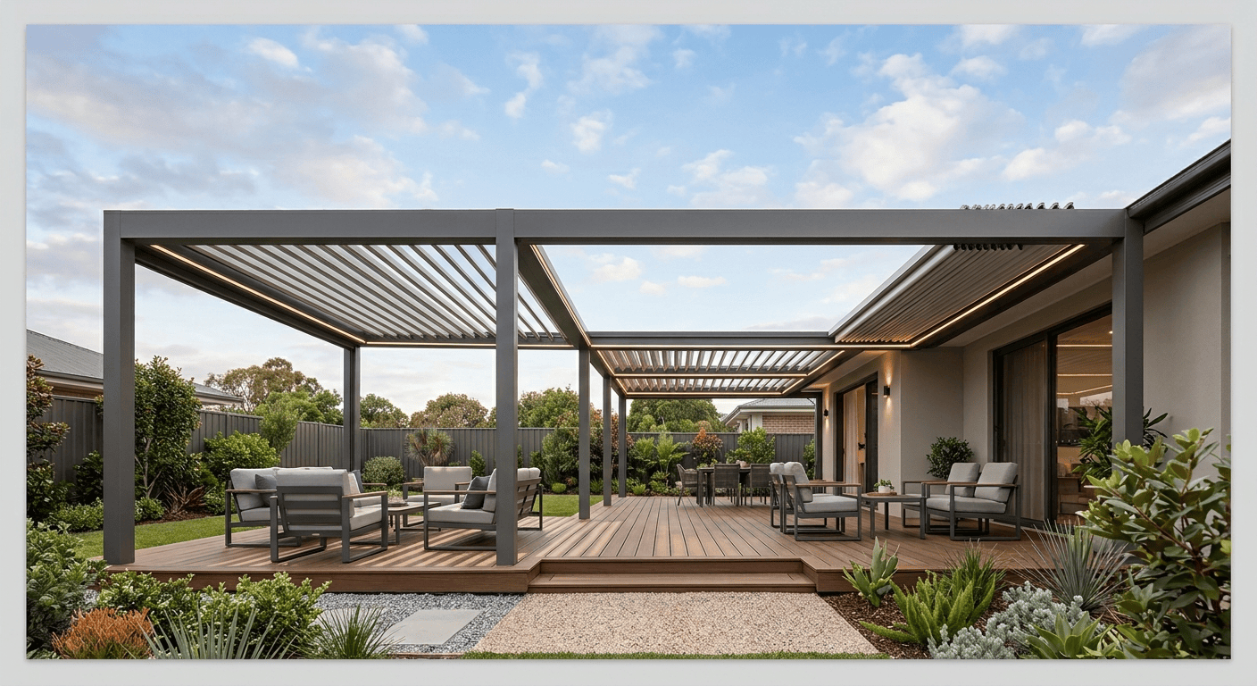 A modern, dark-framed louvered pergola with integrated lighting, extending from a residential home over a large composite wood deck with multiple seating and dining areas, overlooking a landscaped backyard at dusk.