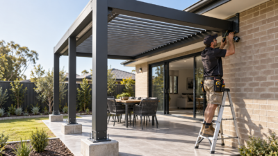 Installer securing an aluminium pergola to concrete footings and a brick house