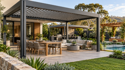 Contemporary Australian backyard featuring aluminium, fixed-roof and timber pergola styles