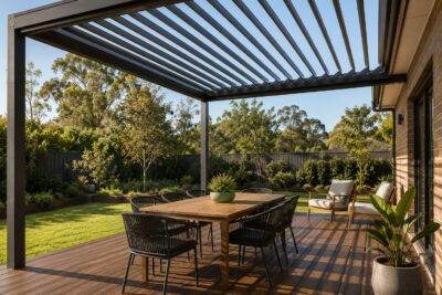Aluminium louvred pergola part-way through installation in an Australian backyard