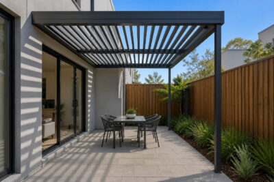 Charcoal aluminium wall-mounted louvred pergola over a compact paved courtyard beside a